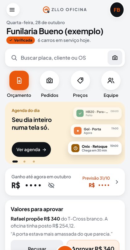 Tela da oficina no app Zllo